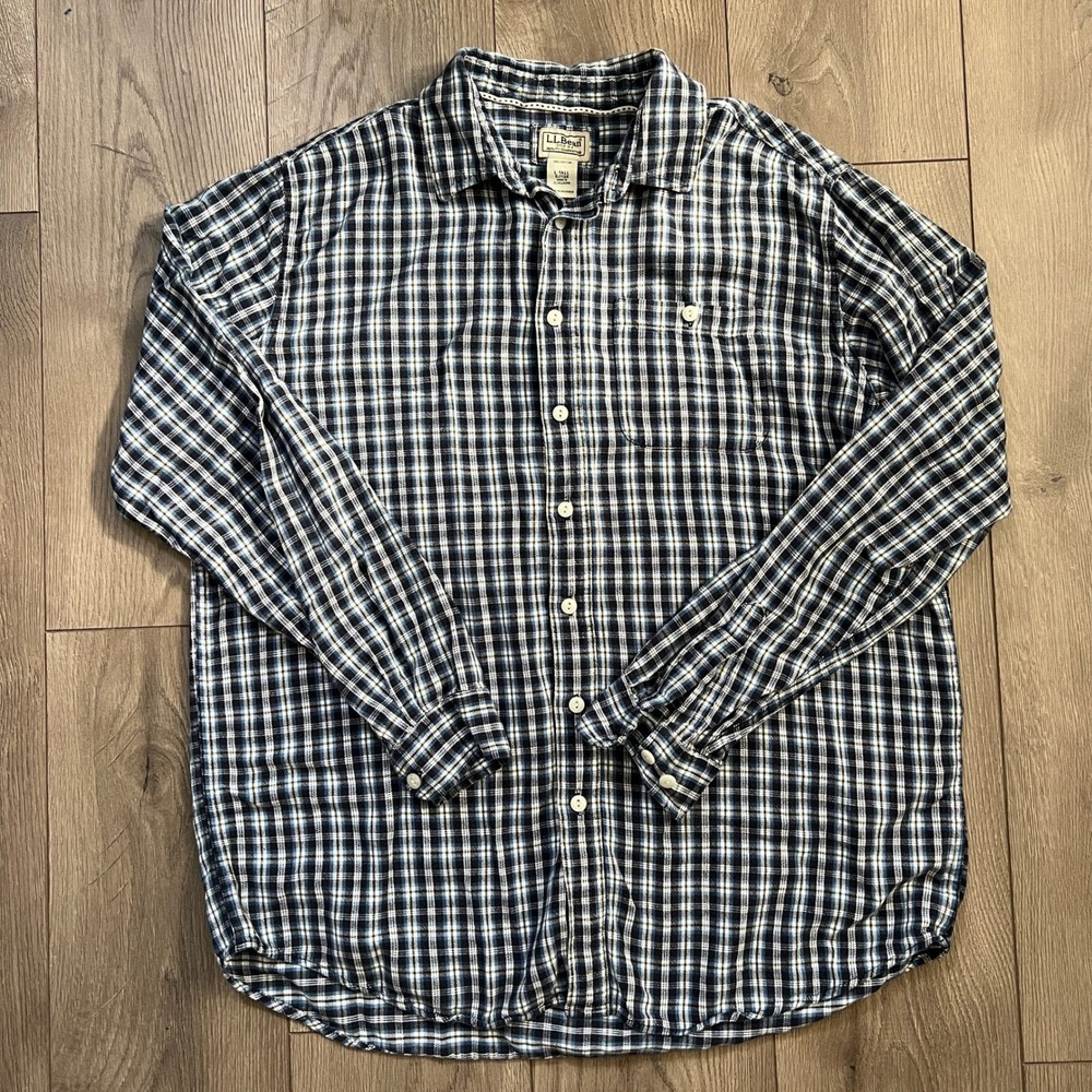 LL Bean Blue Plaid Flannel Button‎ Up Long Sleeve Shirt Mens Large Tall Cotton